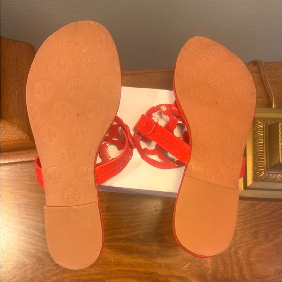 Tory Burch Red Patent Leather Miller Sandals with Colorful Logo Size 7